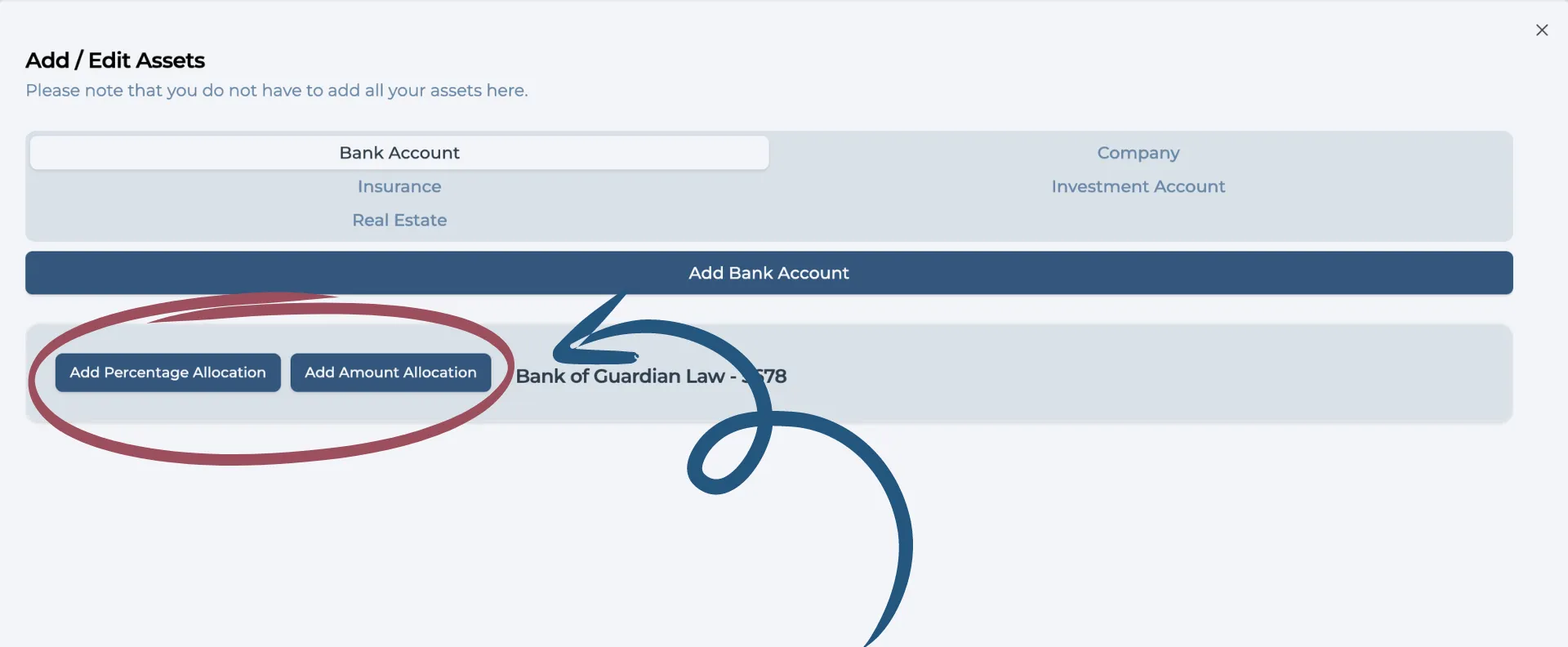 Screenshot of willcraft interface showing options for allocating fixed amounts and percentages to beneficiaries.