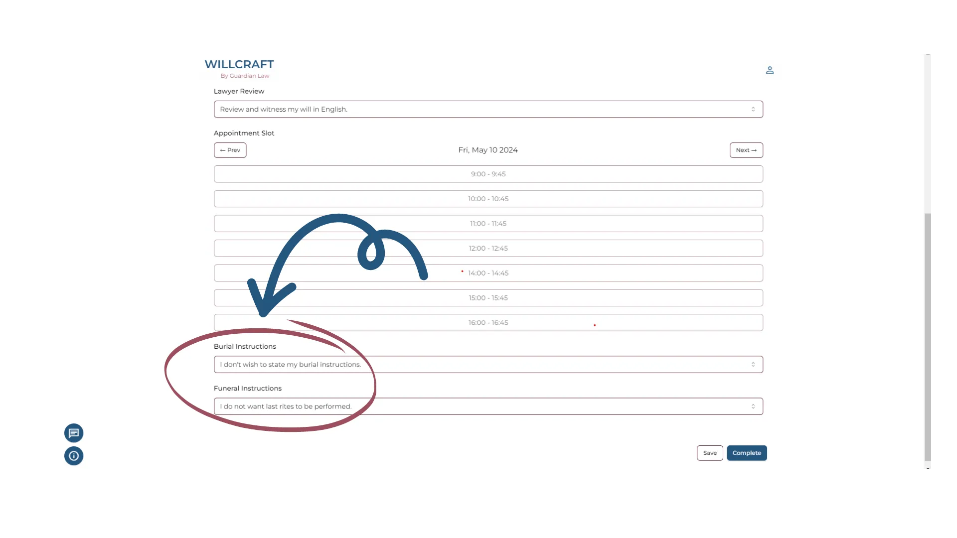 WillCraft’s interface allows you to specify your preferred burial and funeral instructions.