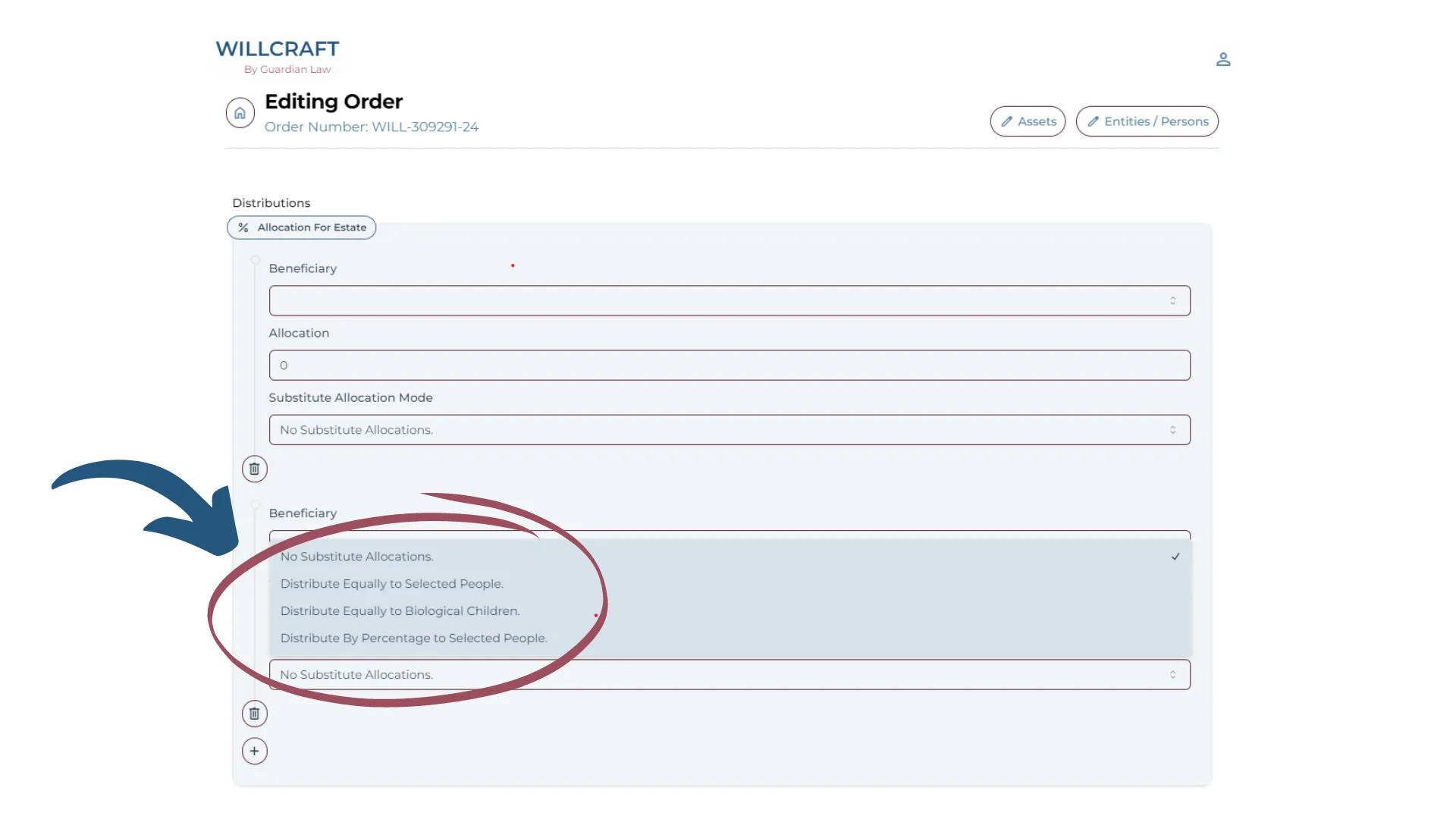 WillCraft interface showing the option to appoint substitute beneficiaries in a will.