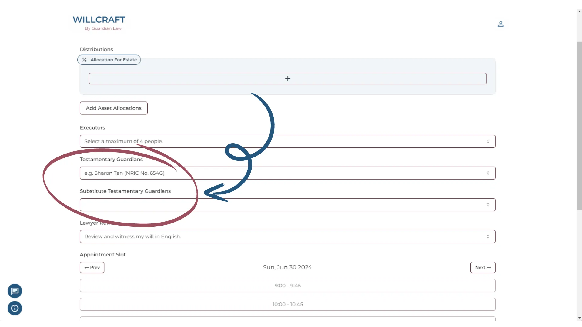 WillCraft interface showing the option to appoint substitute testamentary guardians in a will.